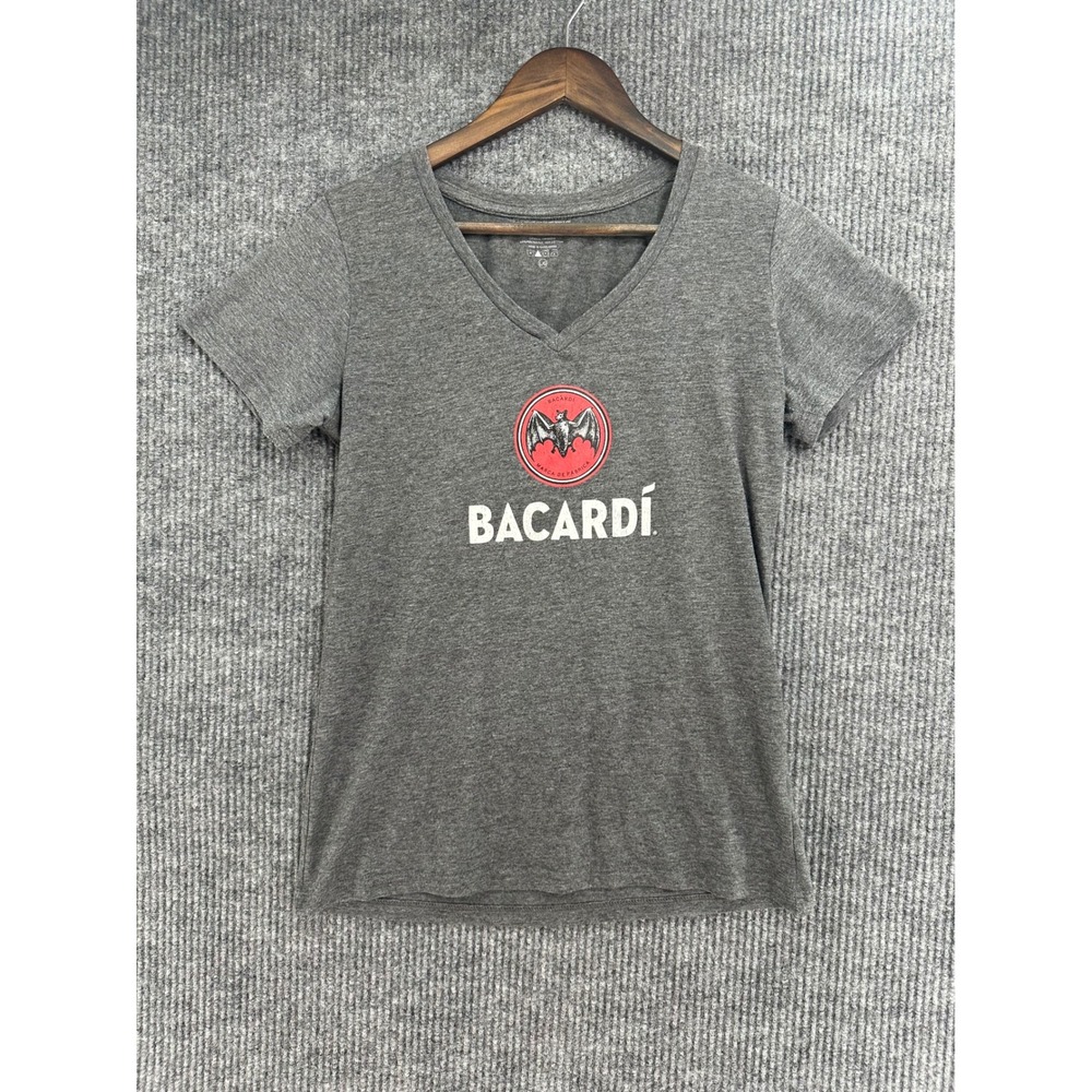 Bacardi T-Shirt Womens Large Gray V-Neck Bat Logo Graphic Tee Heathered